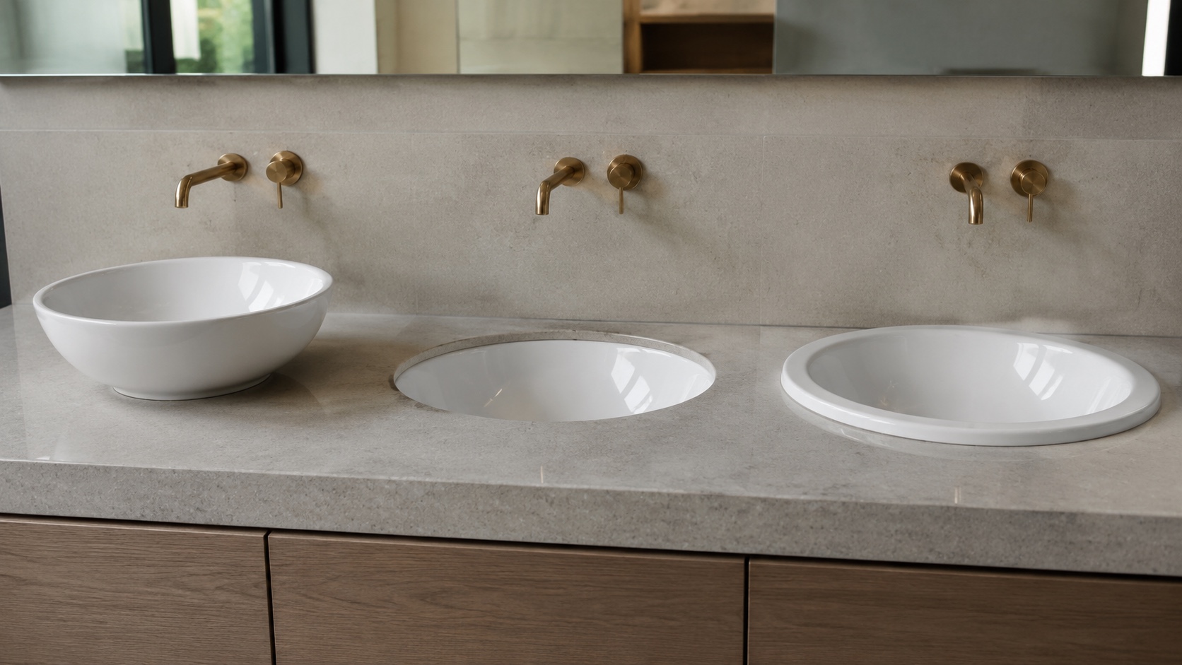 Above-counter, undermount and drop-in ceramic basins side by side on a stone countertop