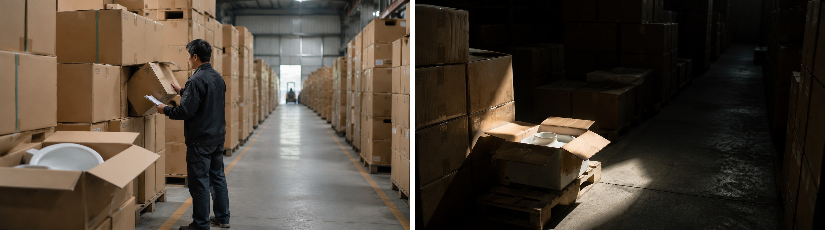 Packed ceramic sanitaryware cartons ready for AQL pre-shipment inspection in a Chaozhou factory warehouse