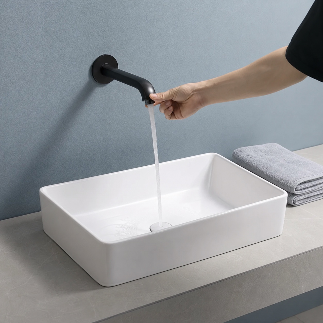Countertop art basin faucet reach and water landing point tested for splash