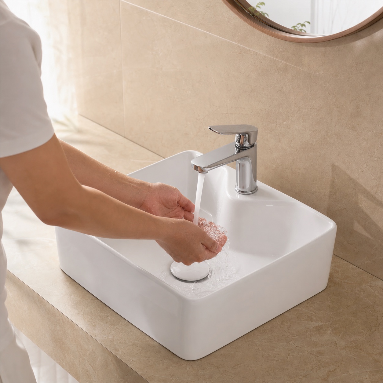 Basin-mounted faucet tested with running water on a countertop art basin