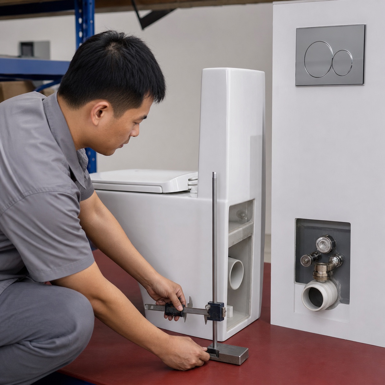 Back-to-wall toilet outlet and finished-wall alignment checked during quality control
