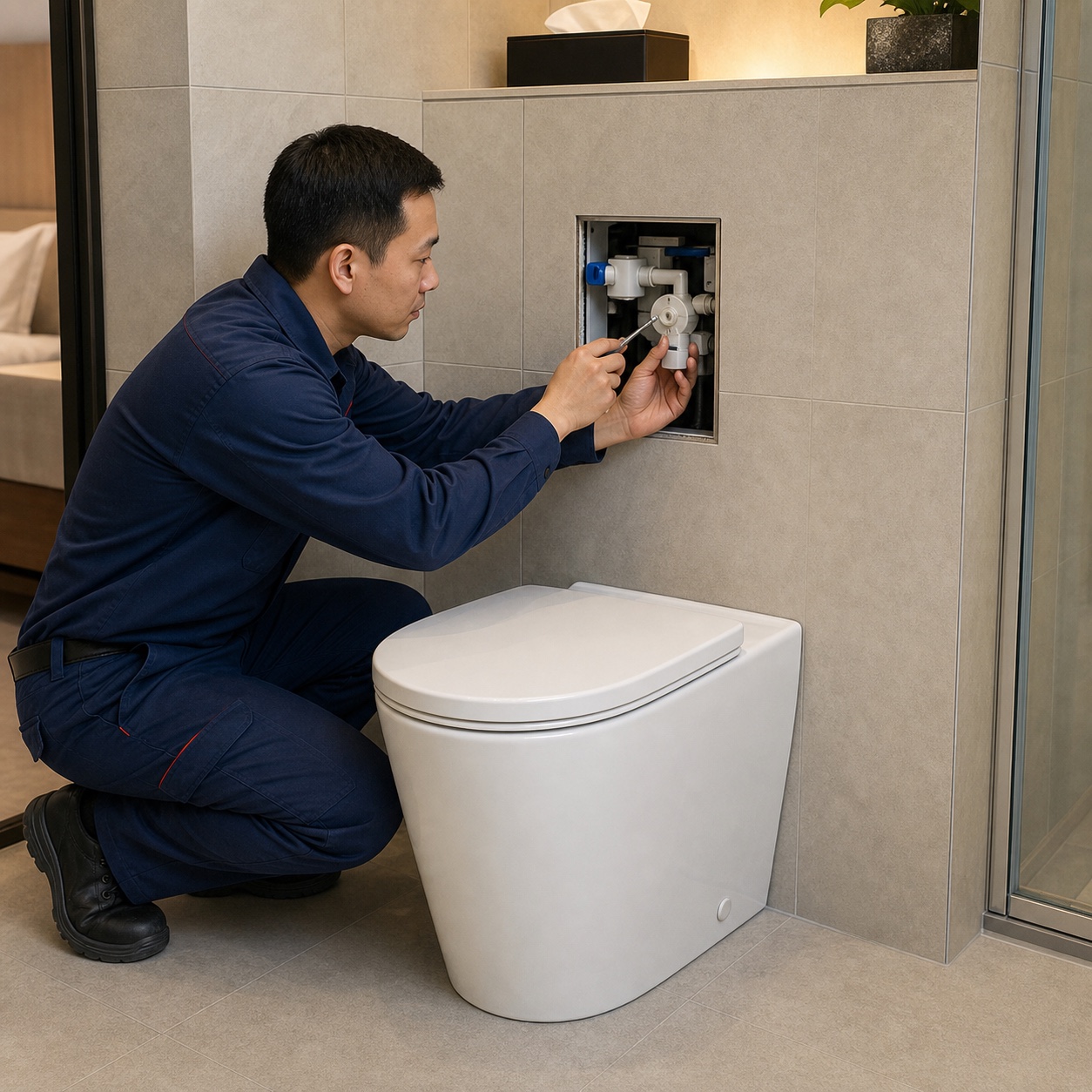 Technician servicing a concealed cistern through the flush plate opening above a back-to-wall toilet