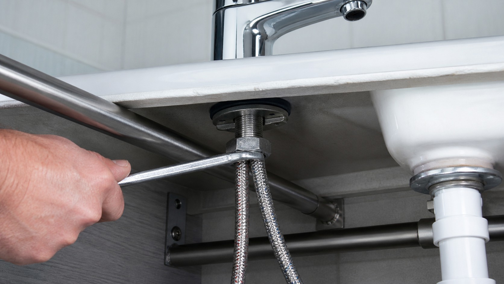 Underside bathroom basin faucet locknut mounting bracket and flexible hose clearance