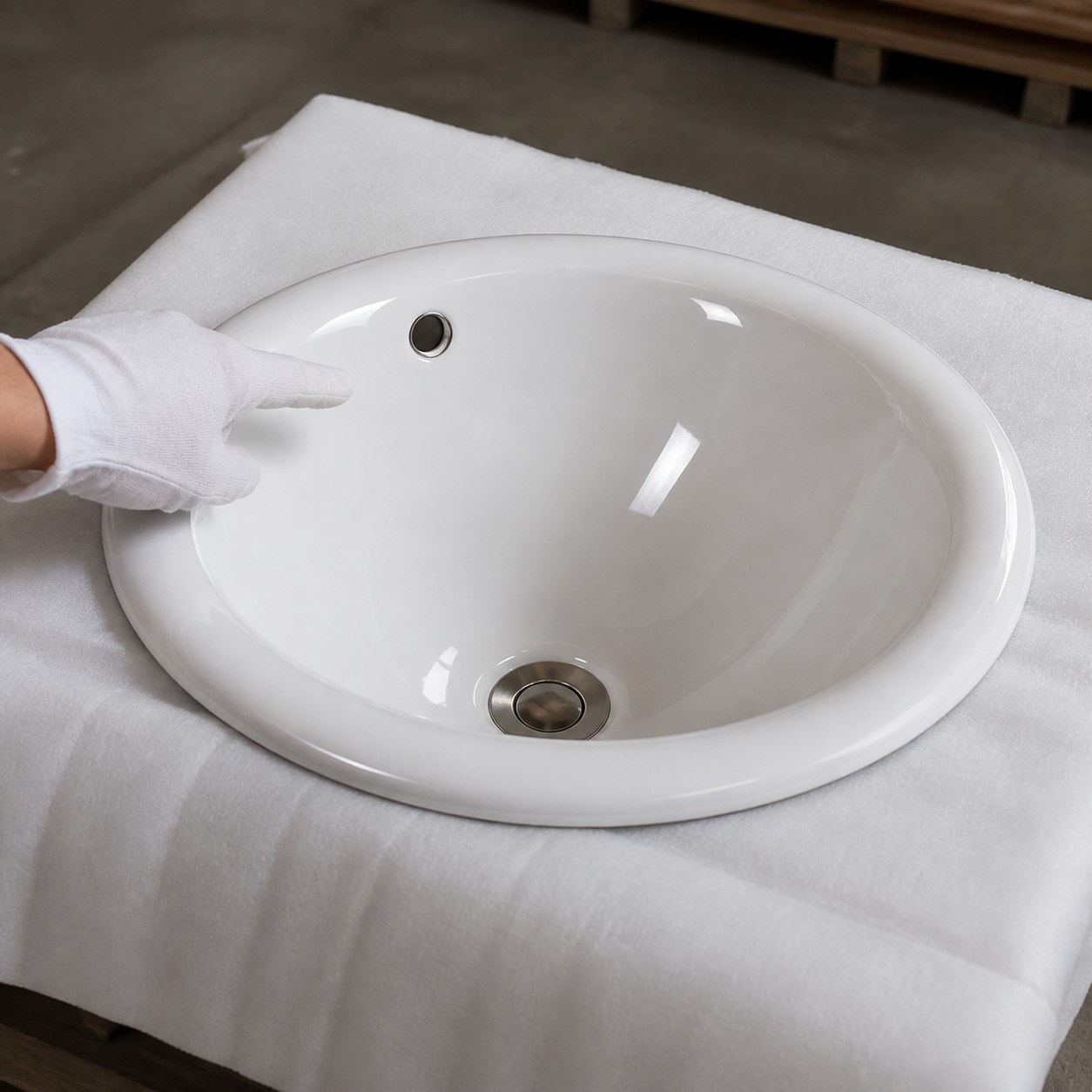 Small real overflow opening high on the rear inner wall of a ceramic basin