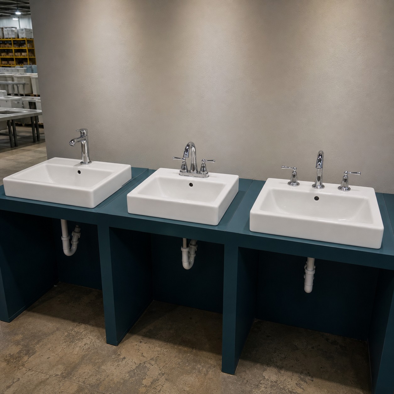 Bathroom basin samples comparing one-hole and three-hole faucet layouts before order approval