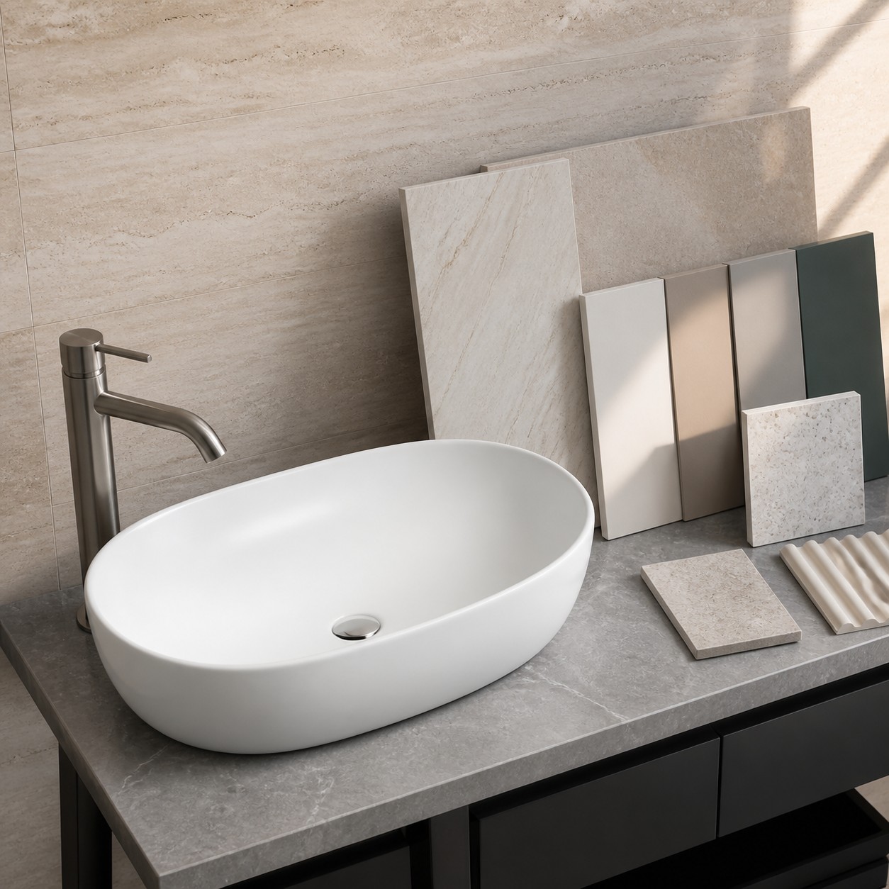 Tile slab and coated bathroom wall samples reviewed for vessel sink splash protection