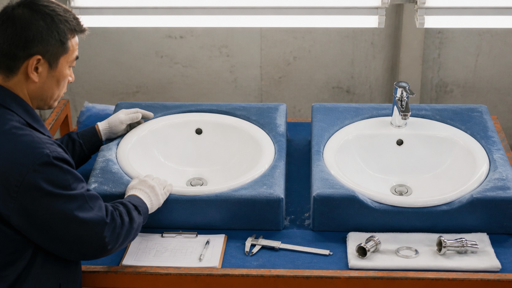 Factory quality control comparing a bathroom basin faucet hole with an approved sample and drawing