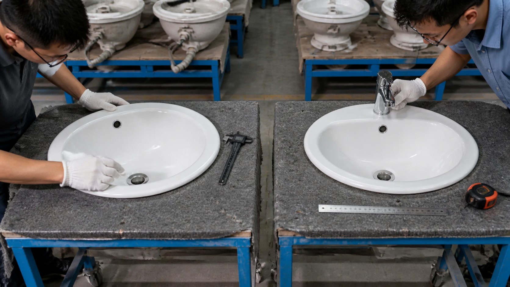 Engineer checking bathroom basin tap hole size and faucet fit on a sample bench