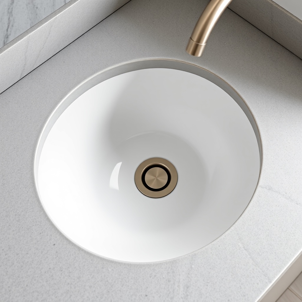 Close-up of an undermount ceramic basin bonded beneath a stone countertop with a polished cutout edge