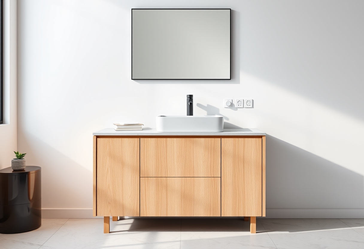 Modern bathroom vanity with a white ceramic basin matched to a light wood cabinet and stone countertop