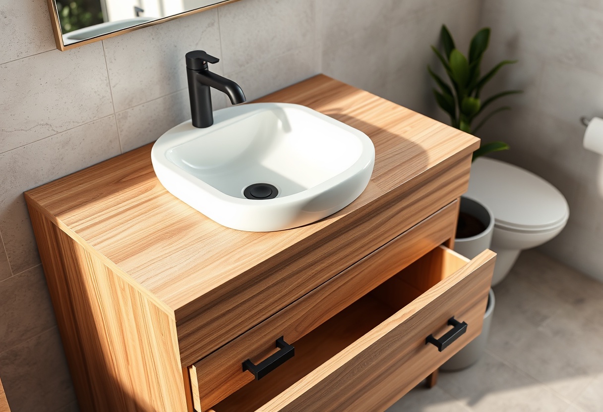 Coordinated matte black faucet, drain and handles on a wood-grain bathroom vanity with a white ceramic basin