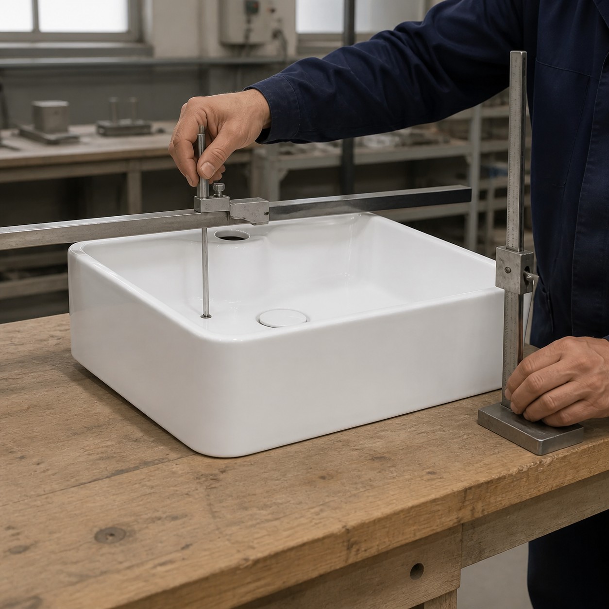 Buyer measuring a bathroom sink overall size separately from its internal bowl depth