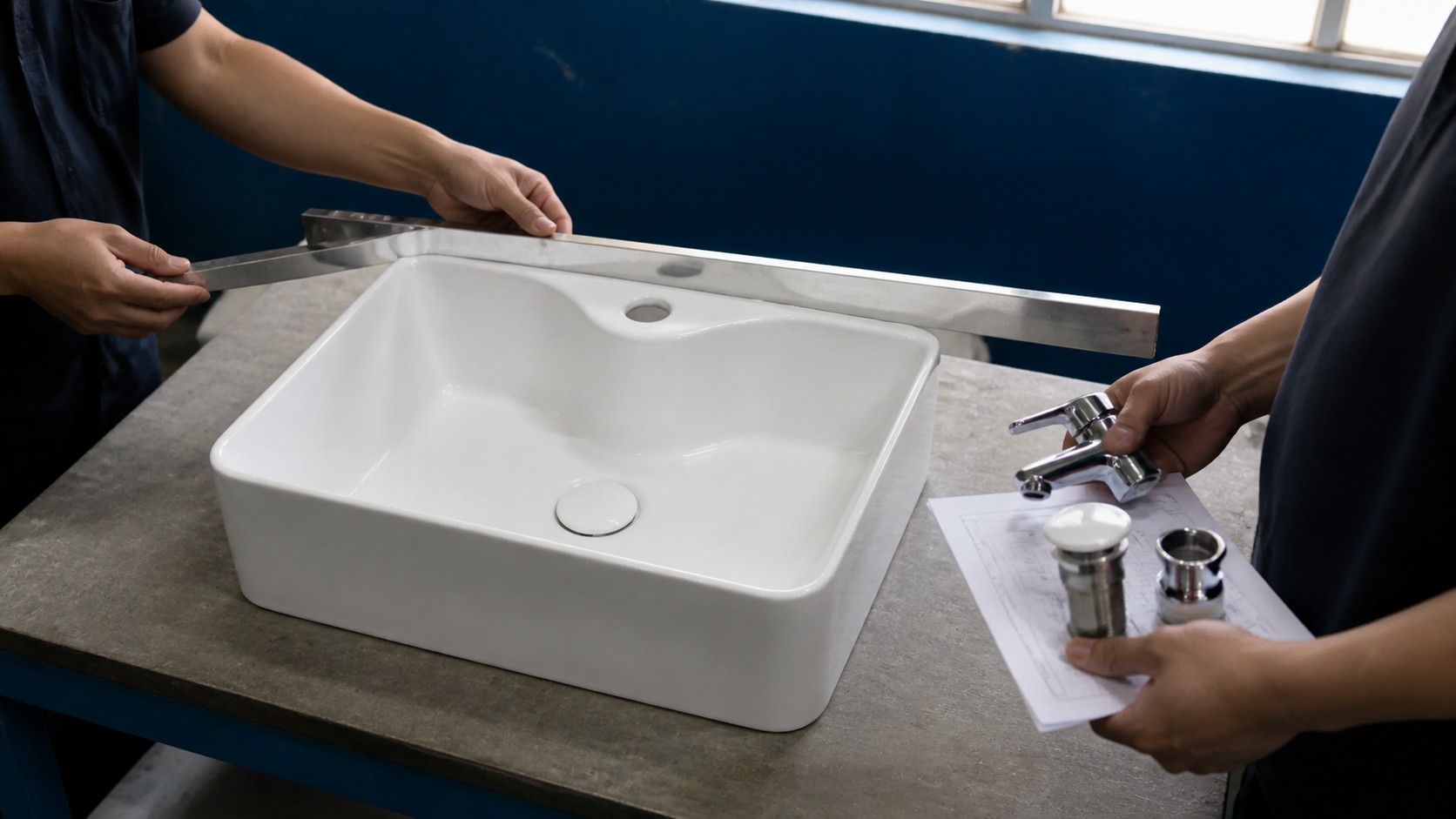 QC inspector matching a bathroom sink sample to its drawing template and order record