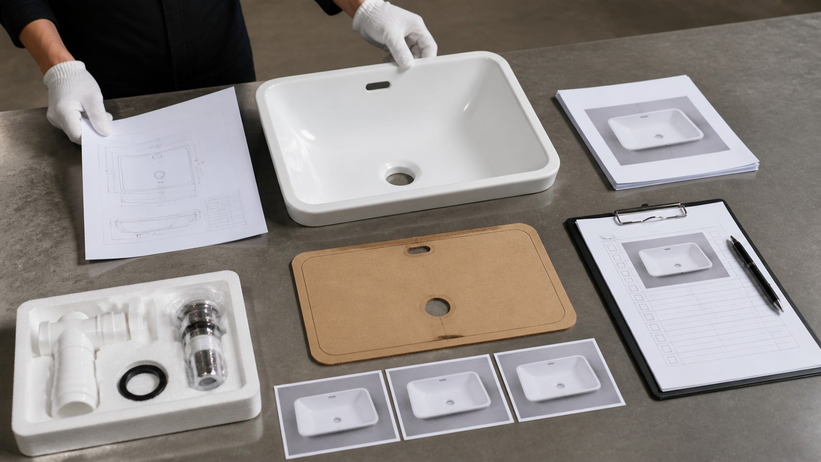 Chengda bathroom sink sample reviewed with its current drawing and fitting set
