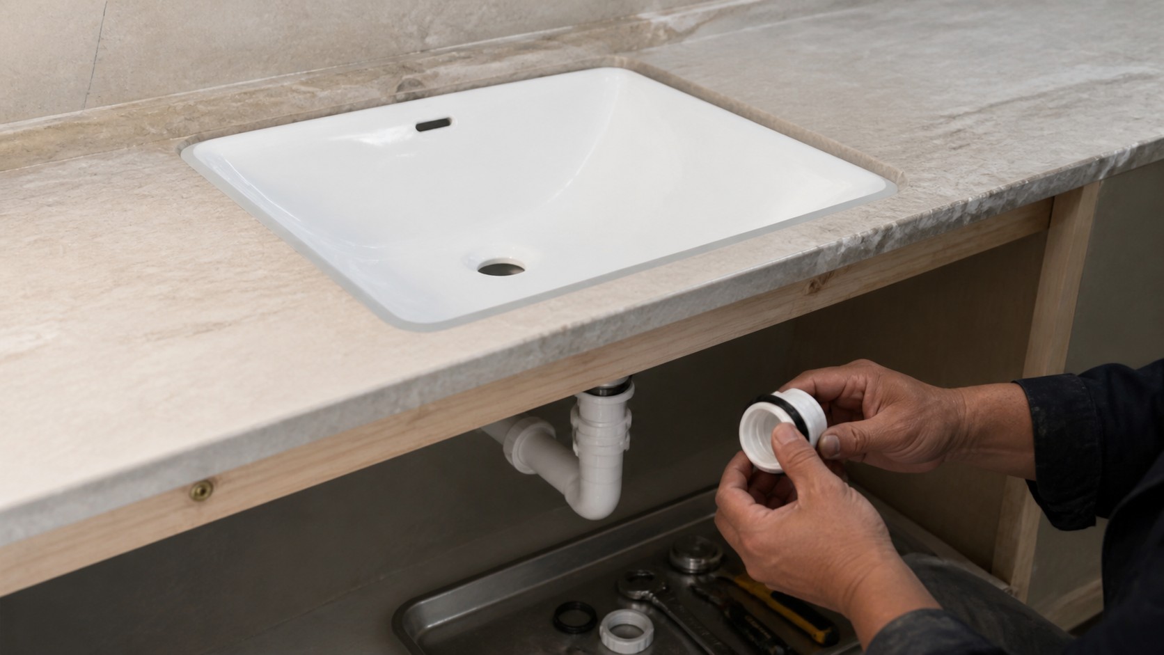 Close inspection of bathroom sink tap hole overflow opening and ceramic drain hole