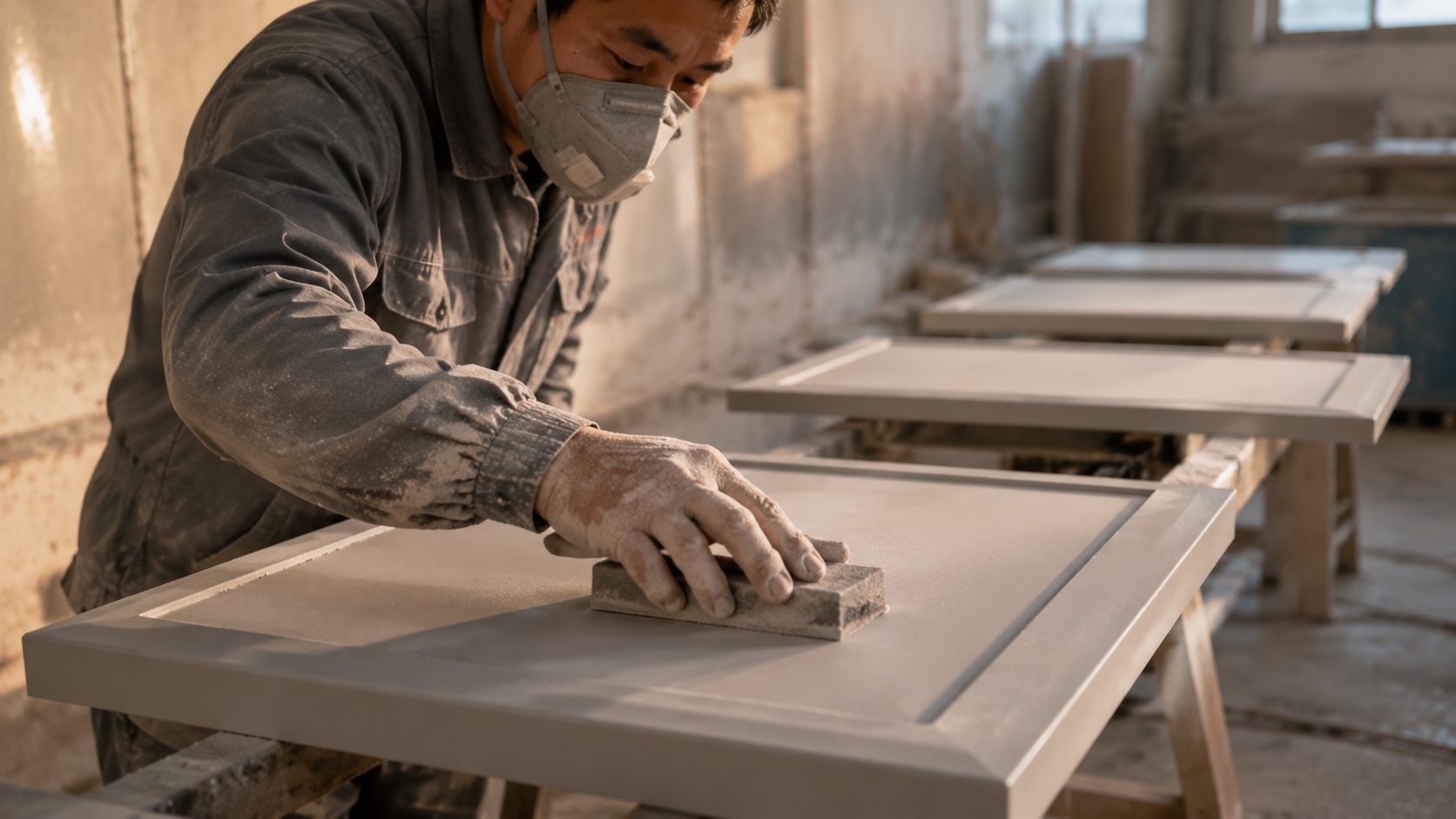 家具工廠內的浴室櫃生產場景,板件正在噴塗與組裝