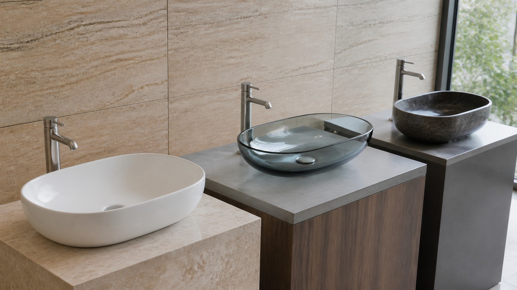 Ceramic glass and natural stone vessel sinks reviewed as real material samples