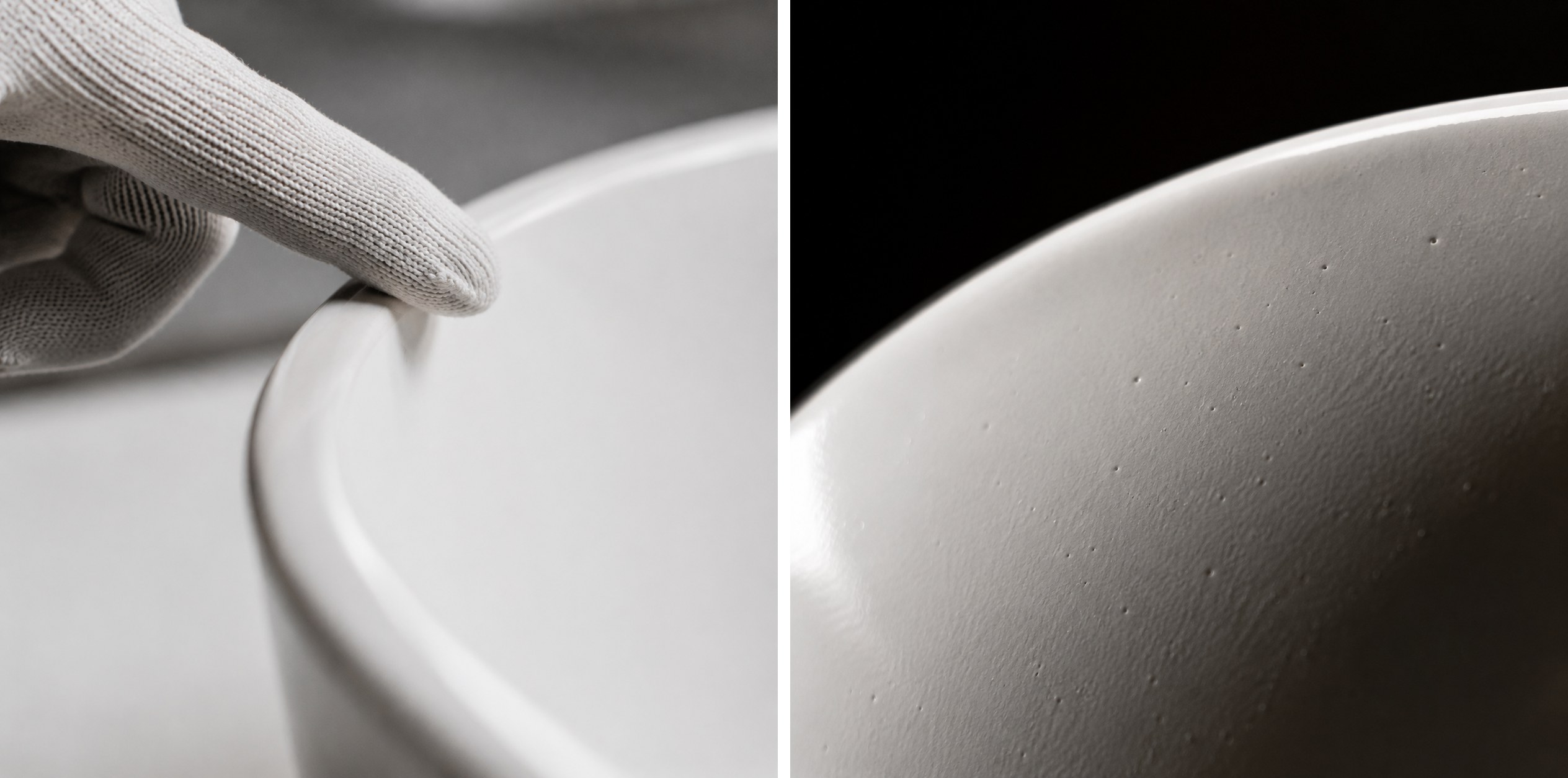 Close inspection of a white ceramic basin surface for crazing pinholes and glaze defects in a Chaozhou sanitaryware factory