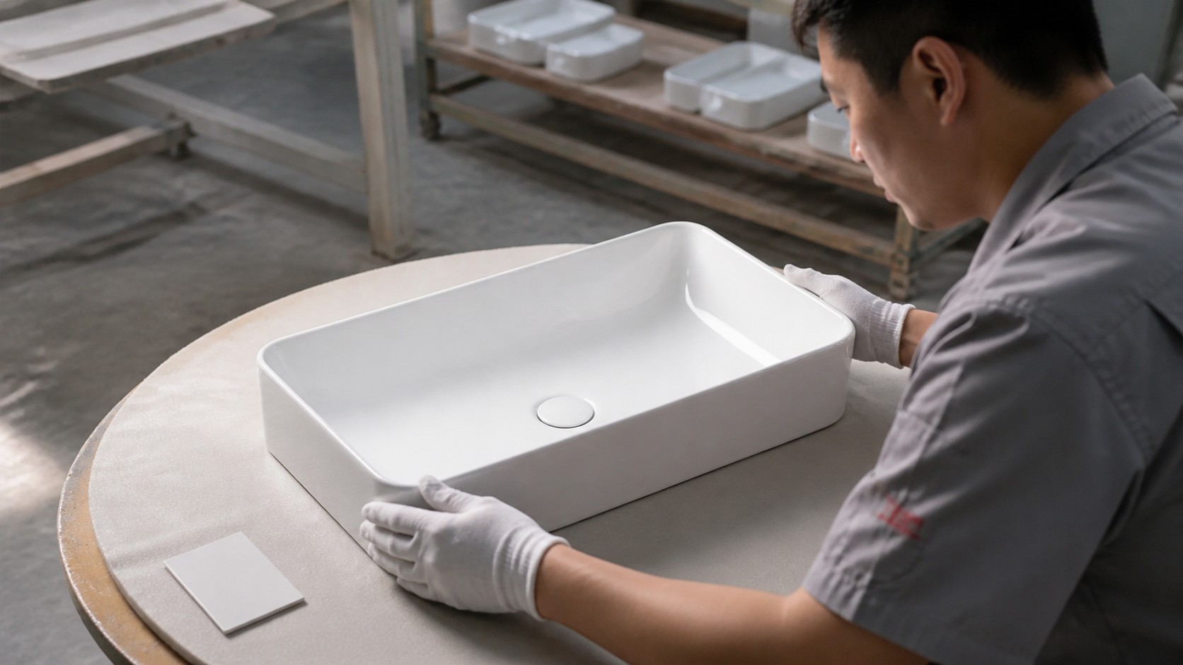 Ceramic basin glaze inspected under controlled side light in a factory