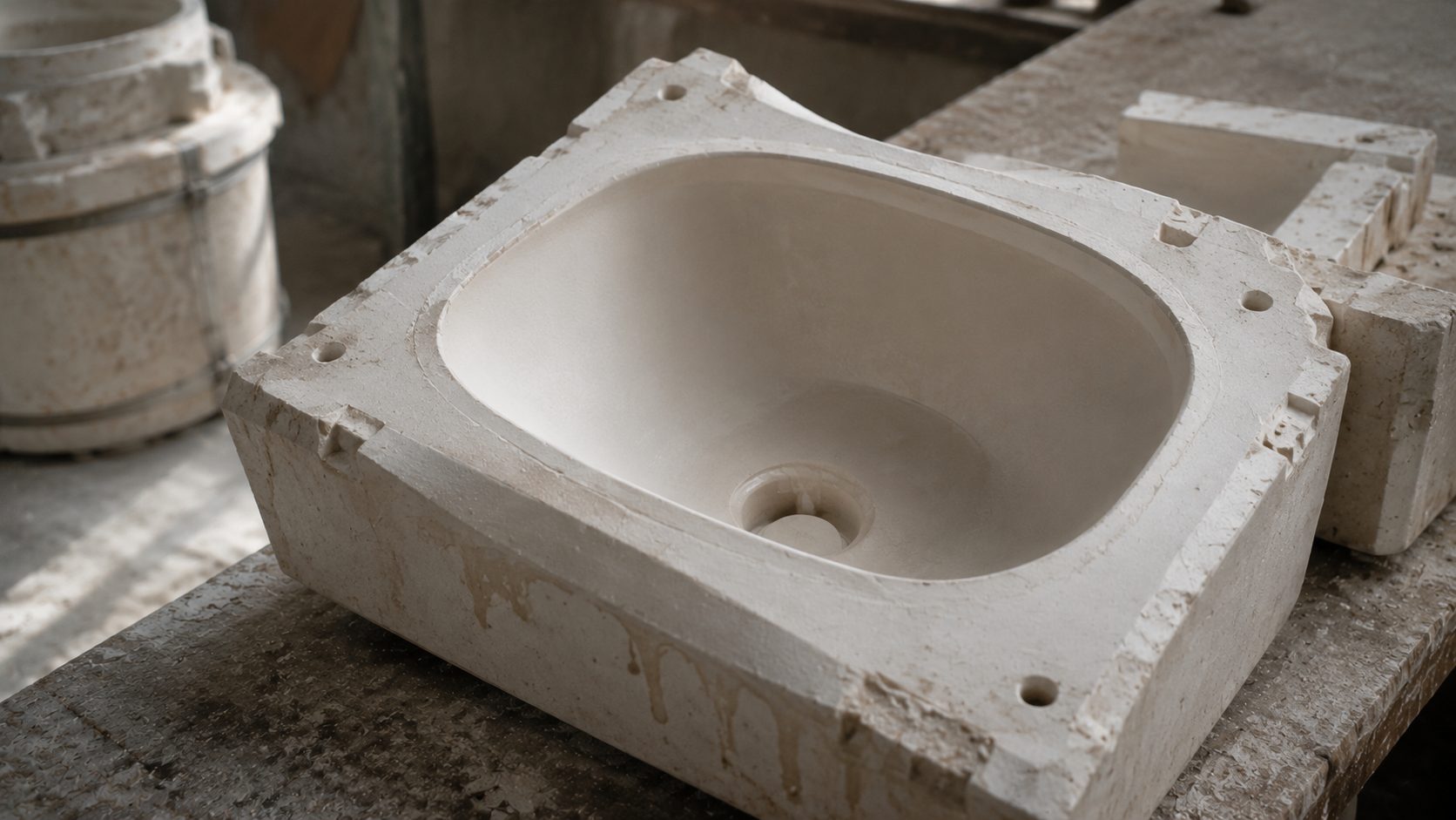 Large plaster slip-casting moulds for ceramic wash basins stored in halves on racks in a factory mould workshop