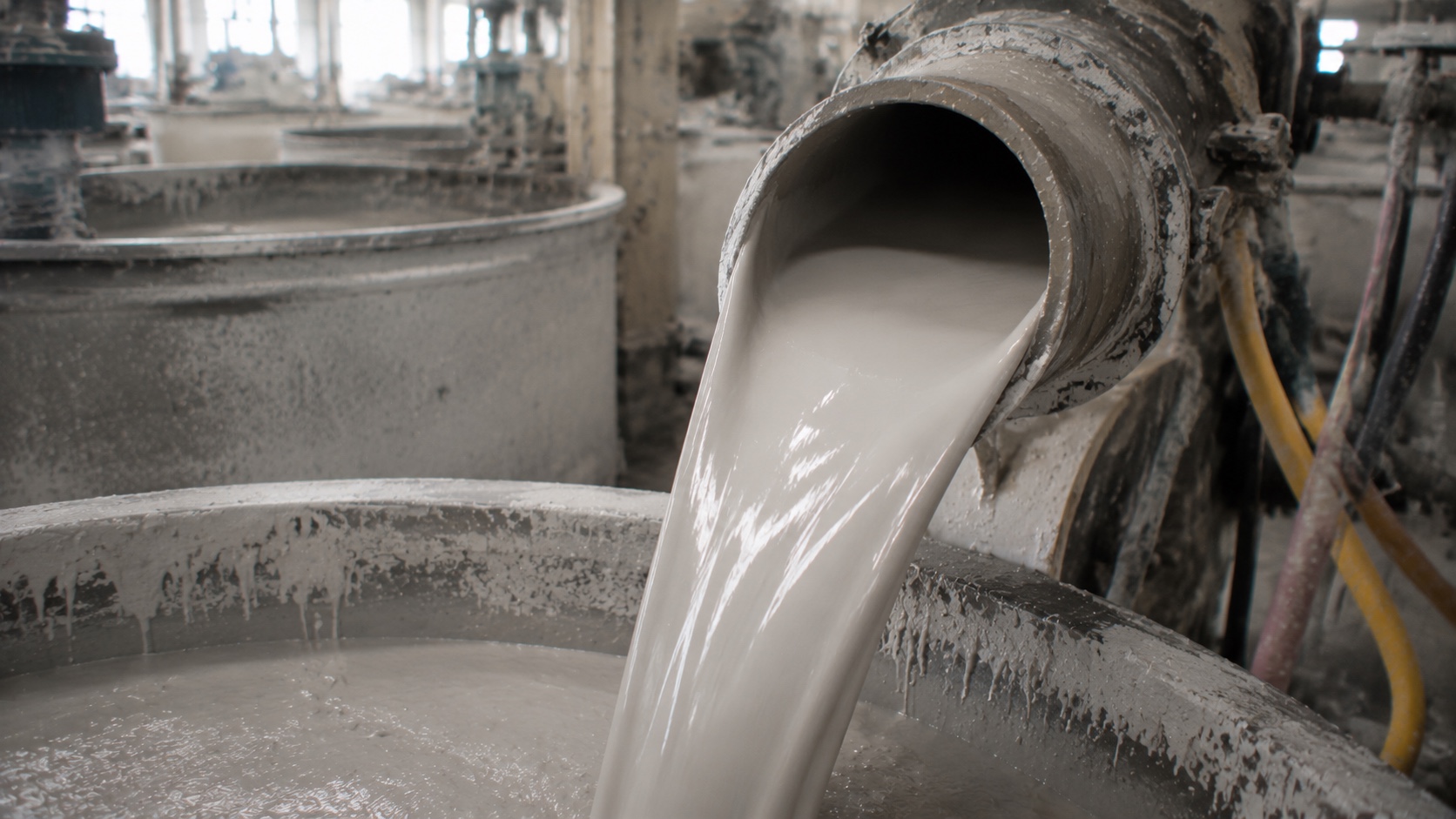 Cream-coloured ceramic casting slip in a sanitaryware slip-preparation workshop in Chaozhou, China