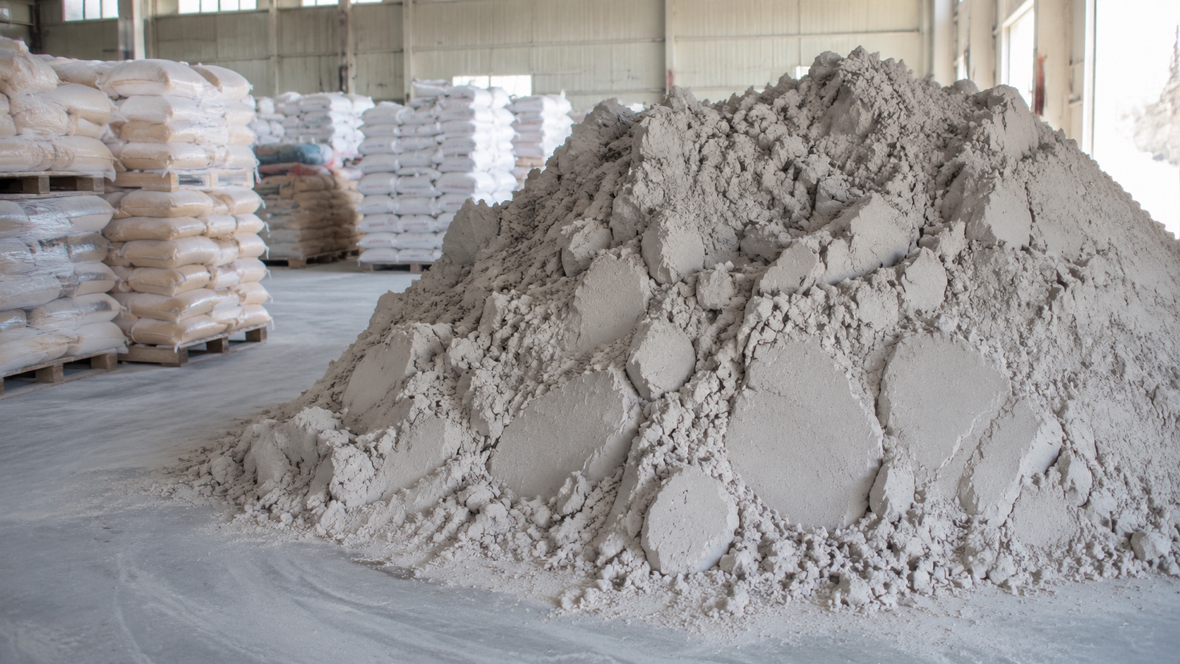 Heap of grey-white ceramic clay and raw materials in a sanitaryware factory in Chaozhou, China