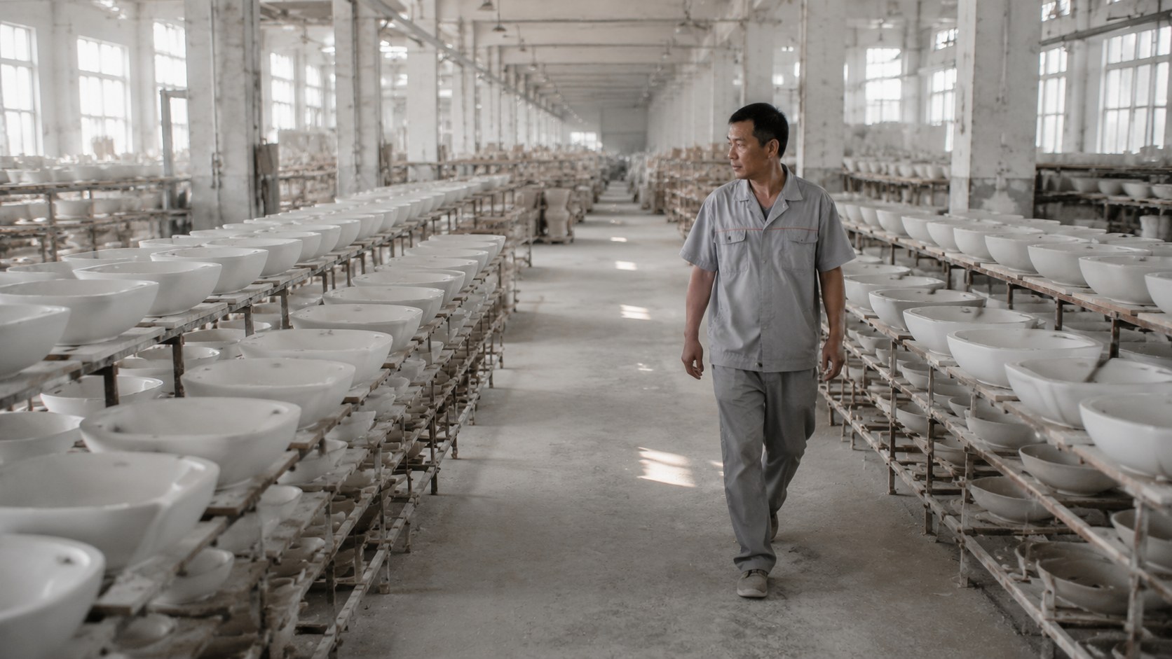 Pre-shipment inspection of white ceramic wash basins in a sanitaryware factory in Chaozhou, China