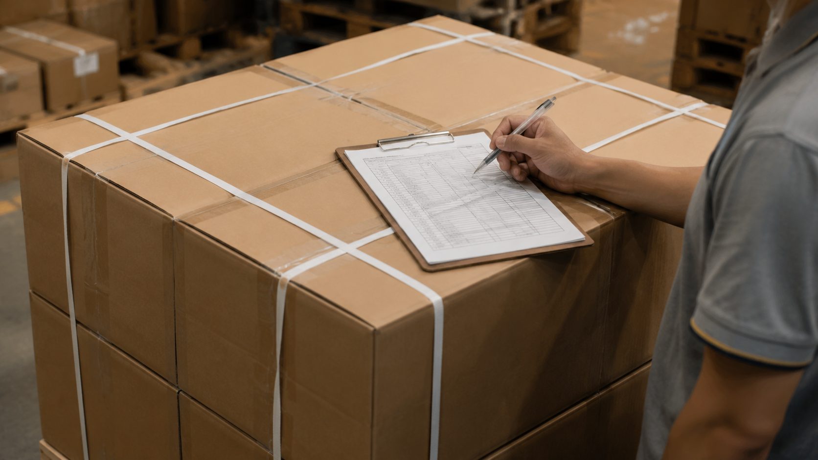 Packed plain cartons of ceramic sanitary ware with foam corner protection being palletised and loaded into a 40HQ container at a warehouse loading bay