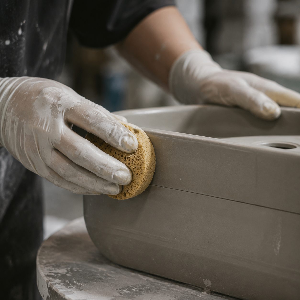 Close-up of a single open plaster mould holding one freshly cast wet green ceramic body, with slip marks on the mould face