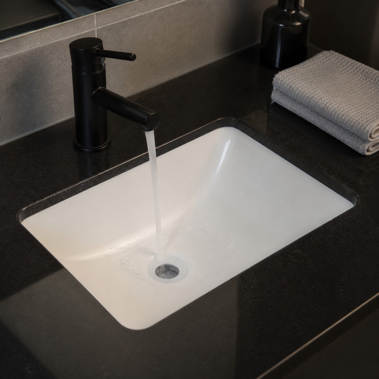 Soap residue along the joint of an undermount ceramic bathroom sink