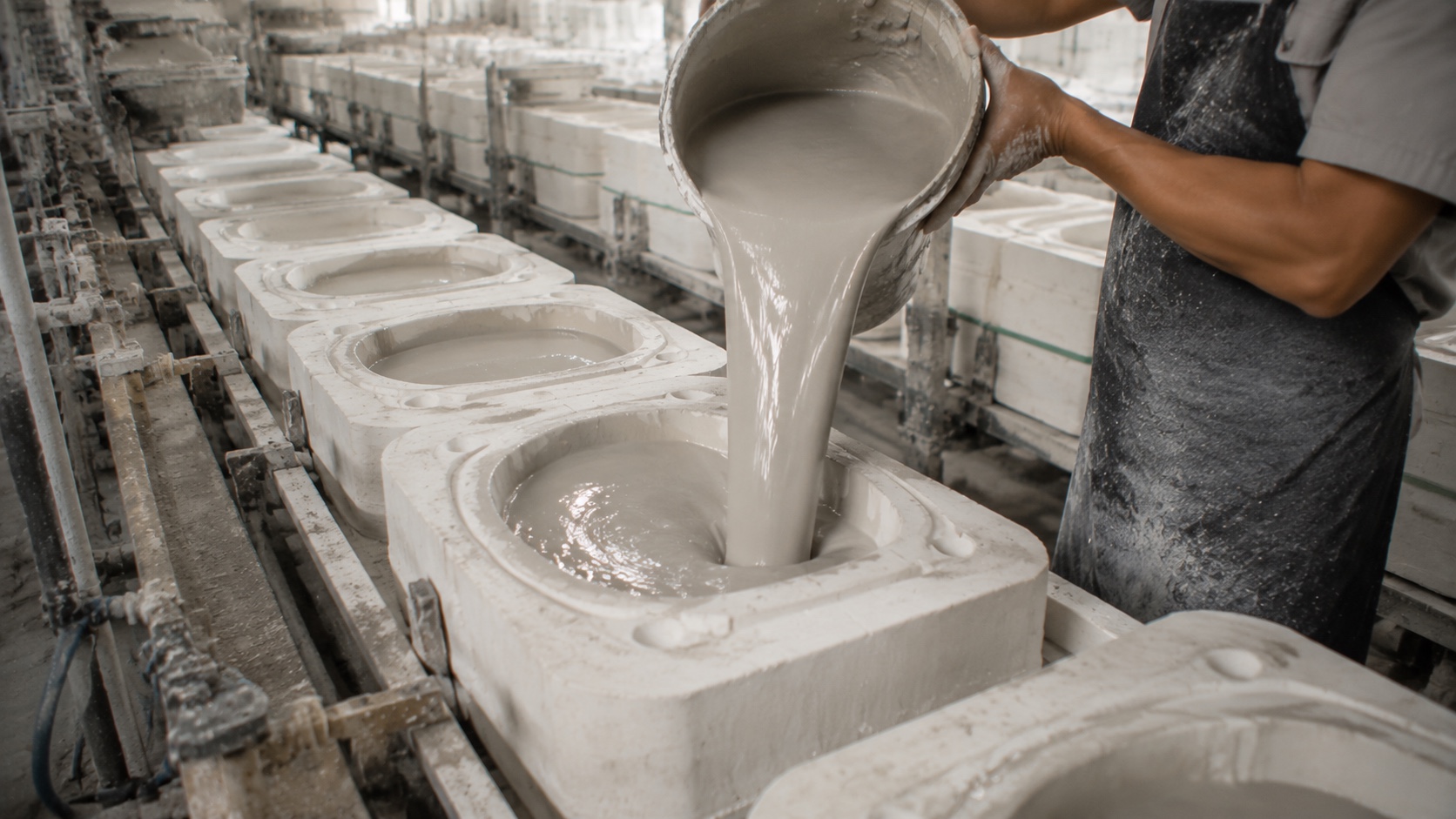 Liquid ceramic slip being cast into plaster moulds for wash basins in Chaozhou, China
