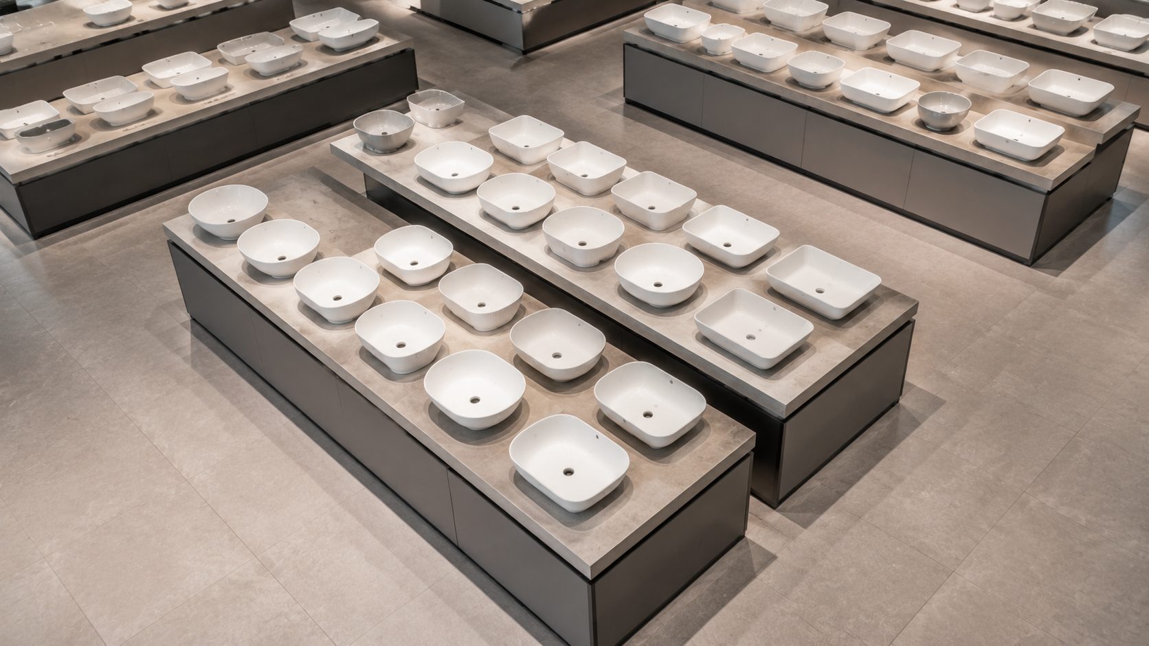 A range of ceramic wash basins in different sizes and styles displayed in a clean factory showroom, illustrating different price levels
