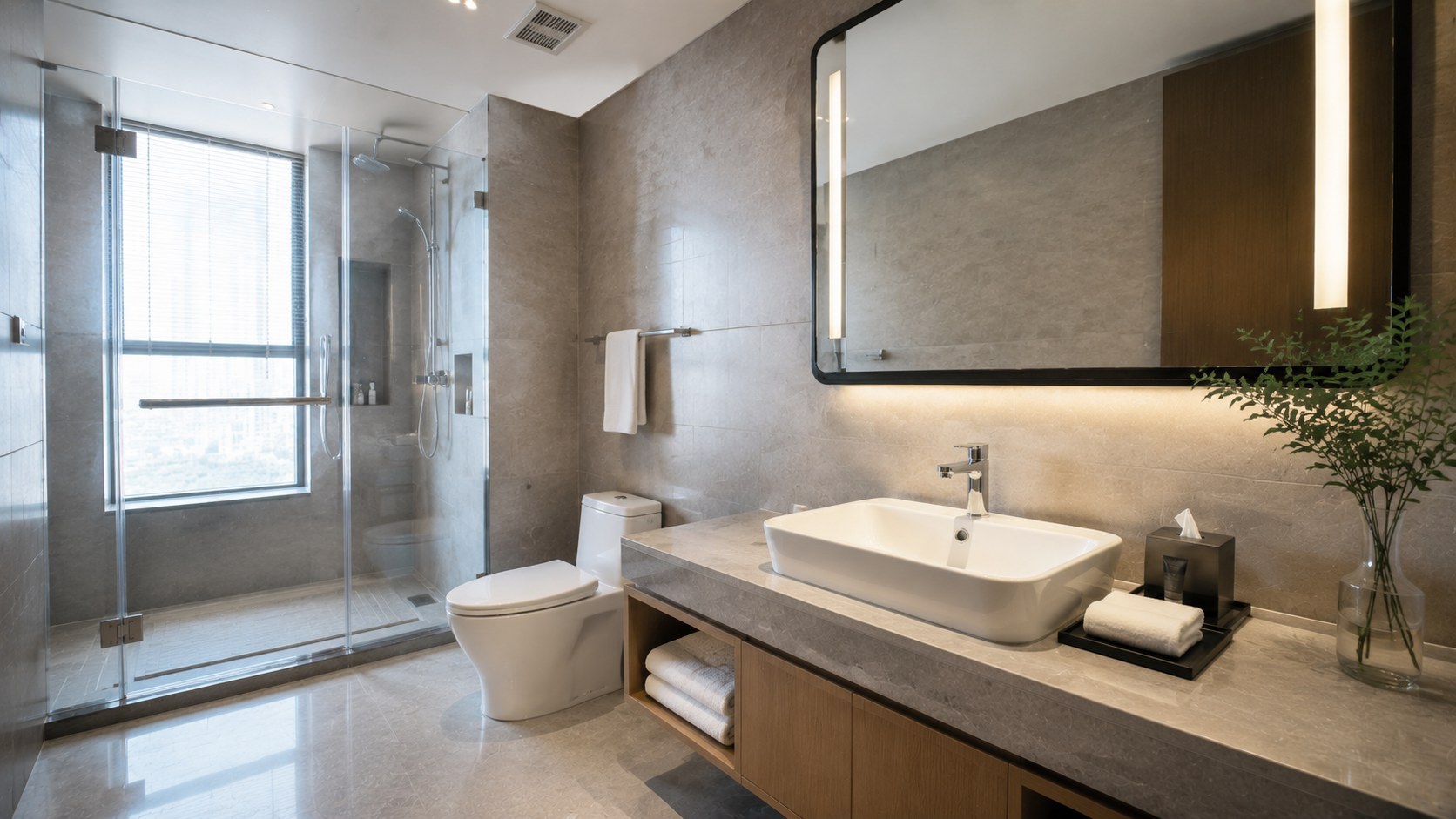 Wholesale ceramic wash basins installed in a real hotel and apartment project bathroom showing project supply application