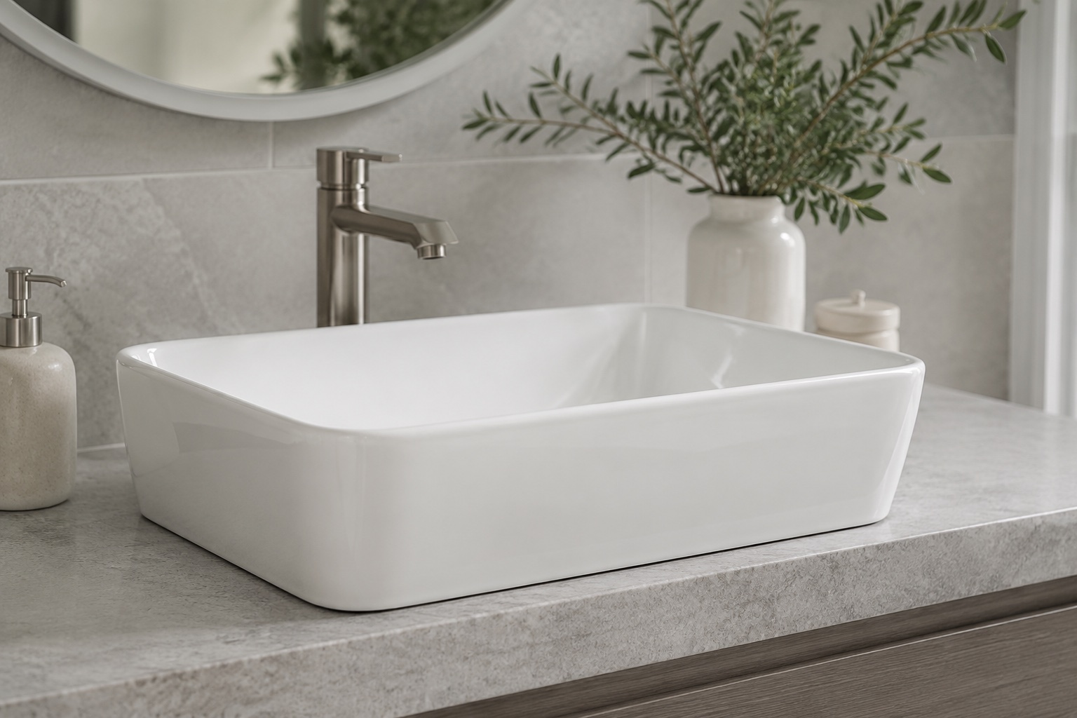 White glossy ceramic wash basin on a light-grey vanity in a modern bathroom