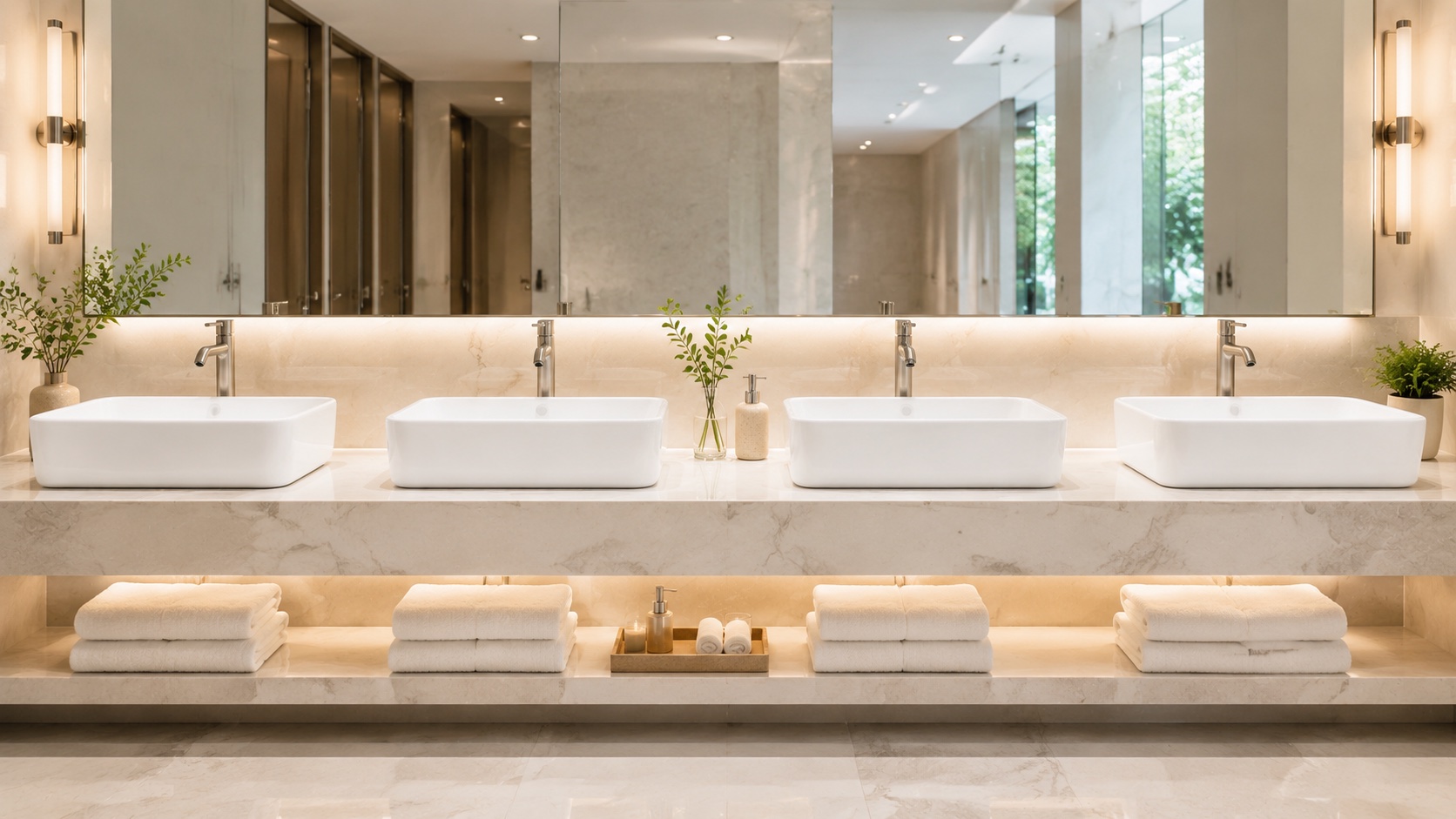 Row of identical white ceramic above-counter basins in a hotel washroom