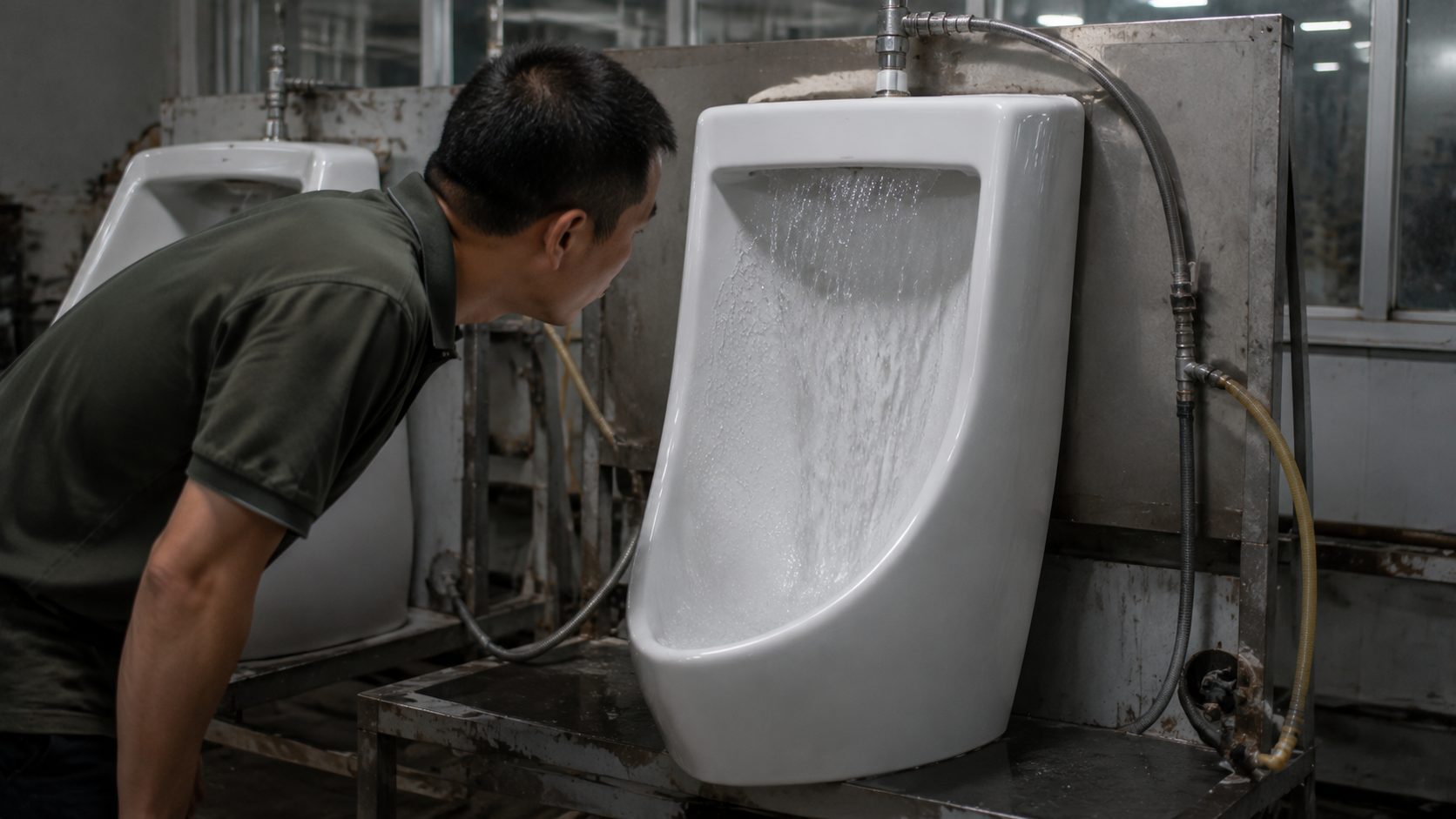 商用小便斗的成型、沖水測試與安裝現場,呈現陶瓷抵達洗手間之前的整個過程