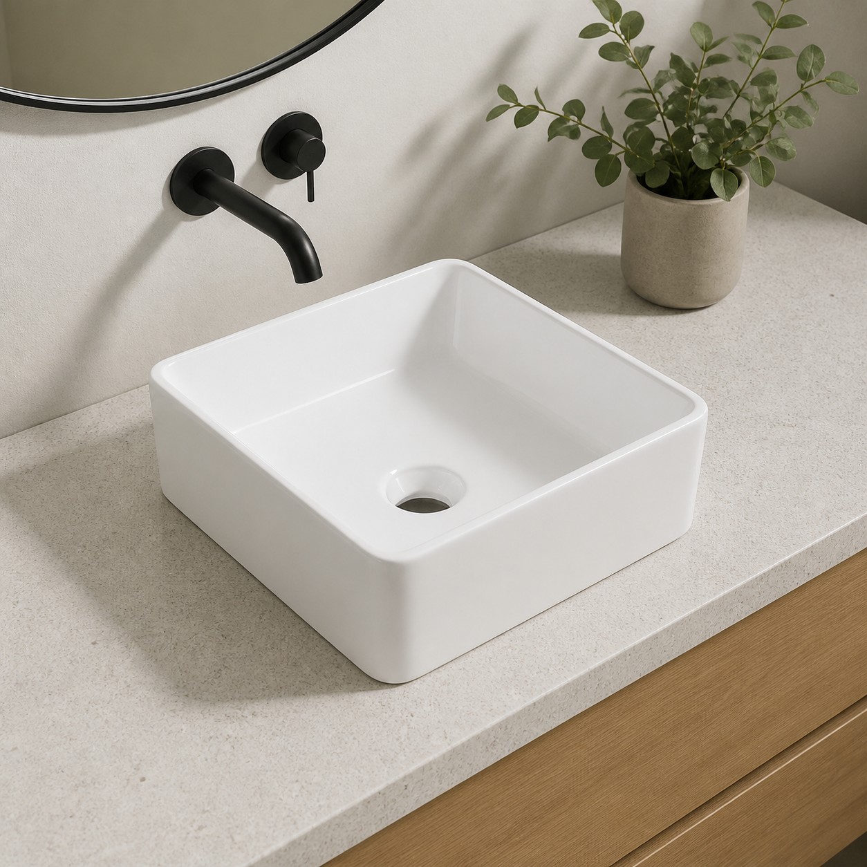 Compact square vessel sink on a shallow powder-room vanity
