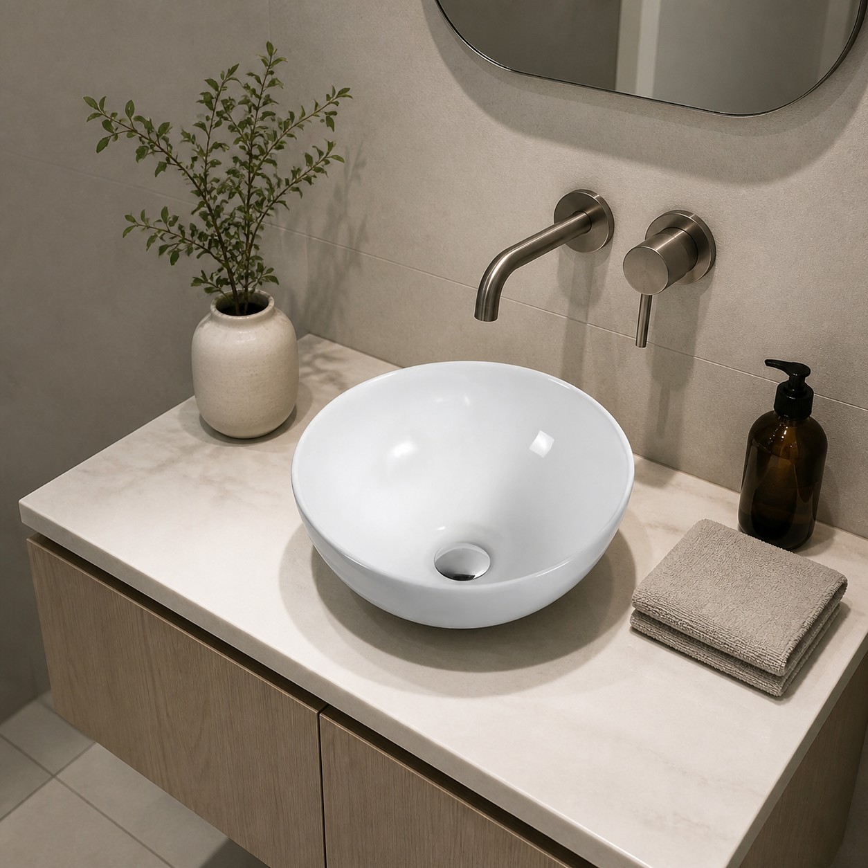 Compact countertop basin tested on a small vanity