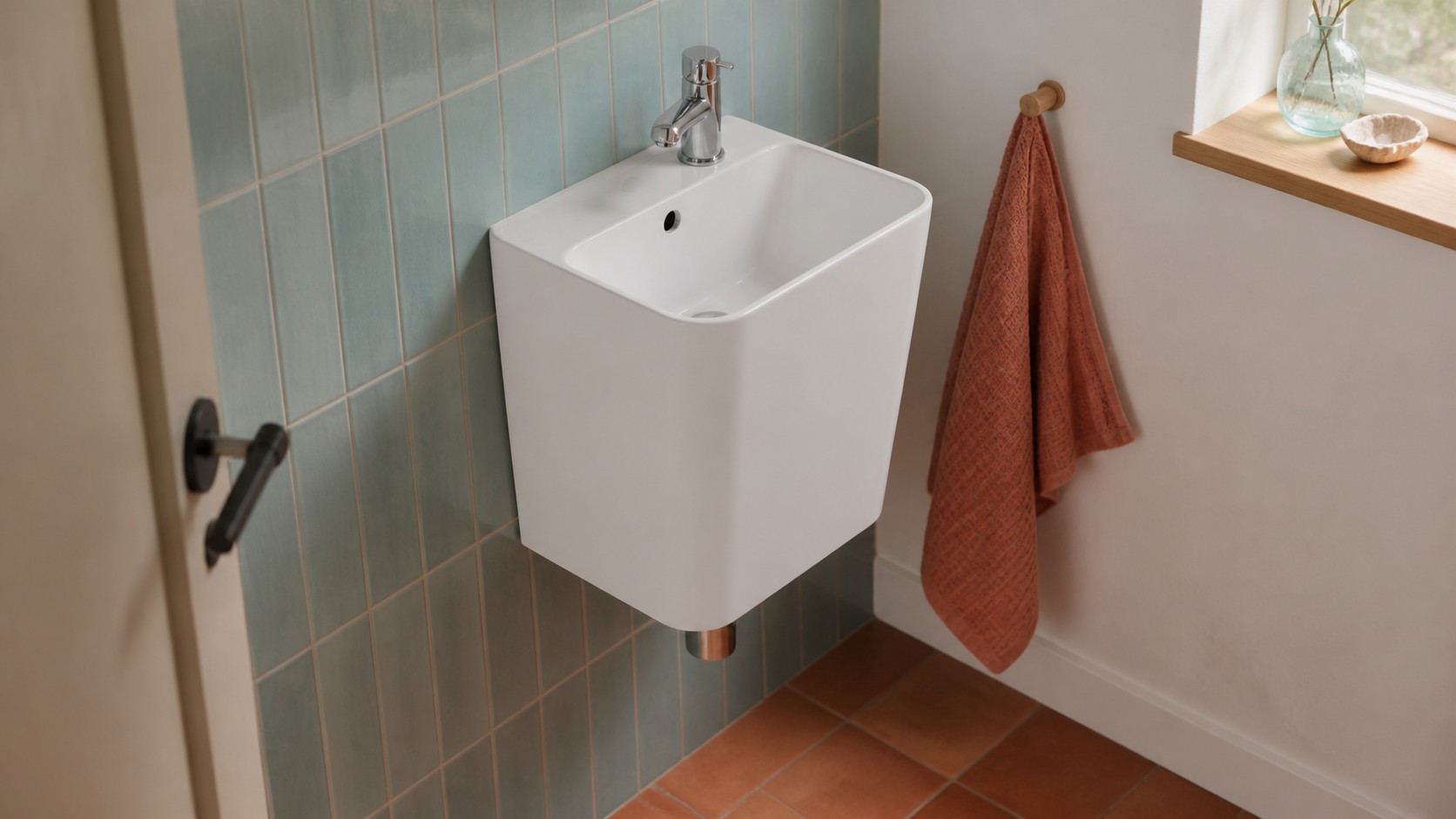 Compact wall-hung ceramic basin in a small coastal powder room