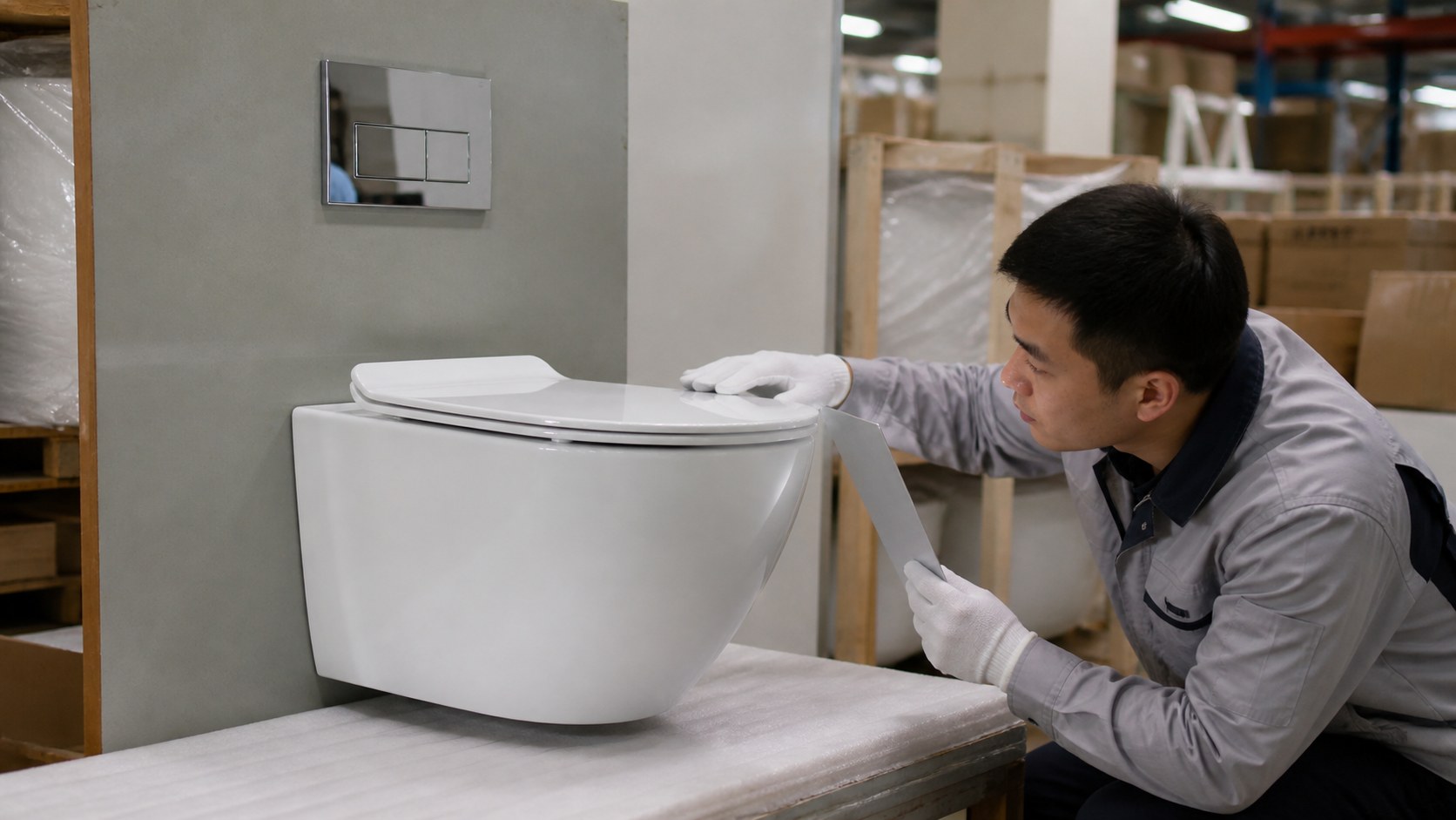 Factory checks for compact wall-hung toilet dimensions glaze seat and packing