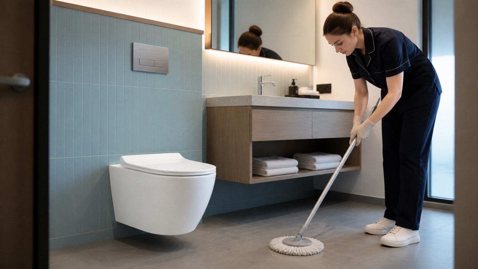 Compact short-projection wall-hung toilet in a practical hotel bathroom