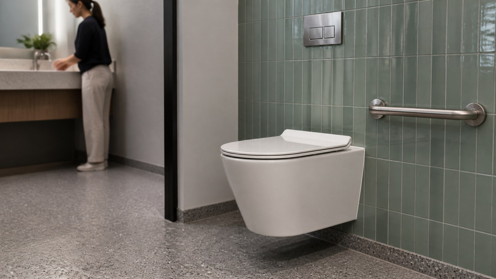Compact wall-hung toilet in a durable office staff washroom