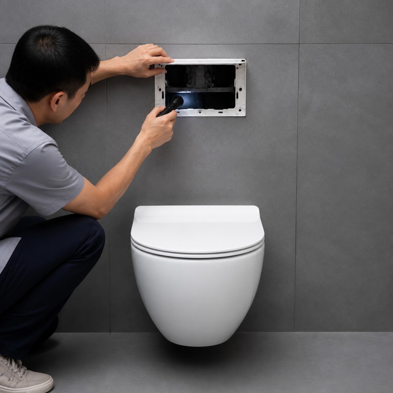 Flush plate removed to verify service access to a concealed cistern above a wall-hung toilet