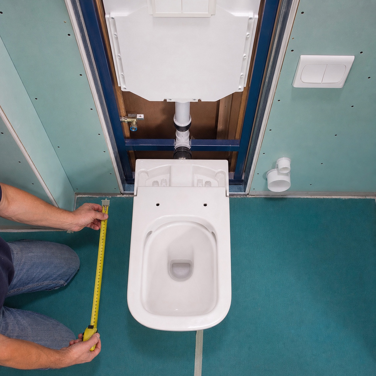 Concealed cistern flush inlet and waste outlet positions checked before wall closure