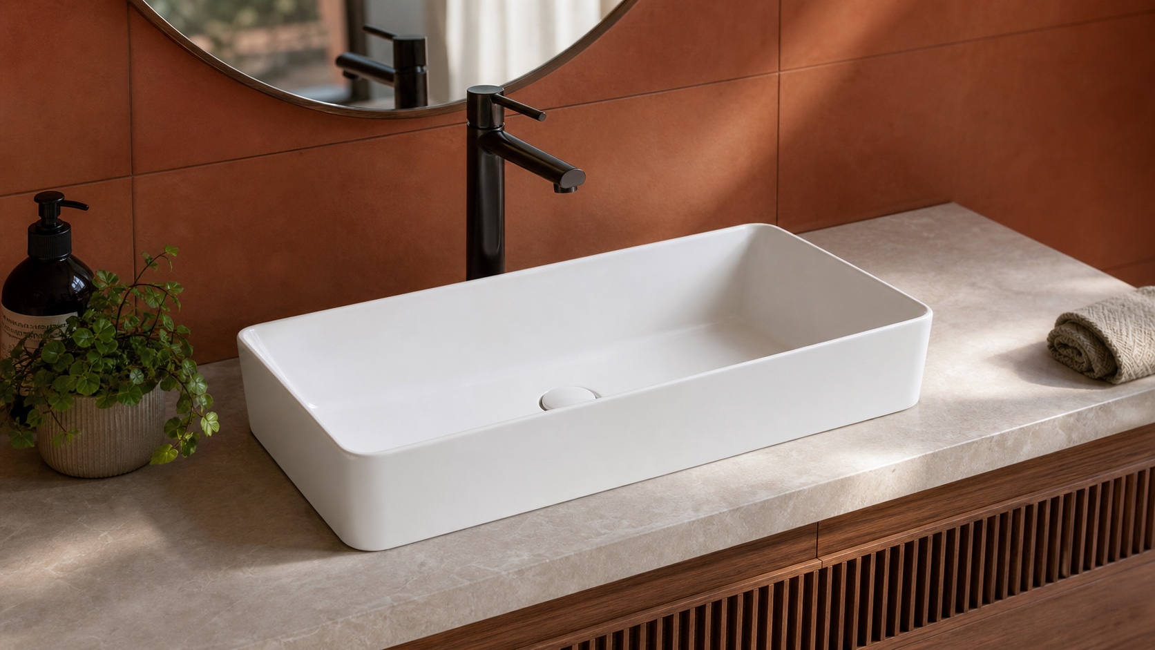 No-hole countertop art basin paired with a tall faucet mounted on the counter