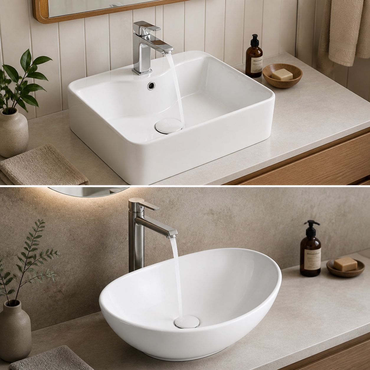 Countertop basin faucet reach directing water near the drain with controlled splash
