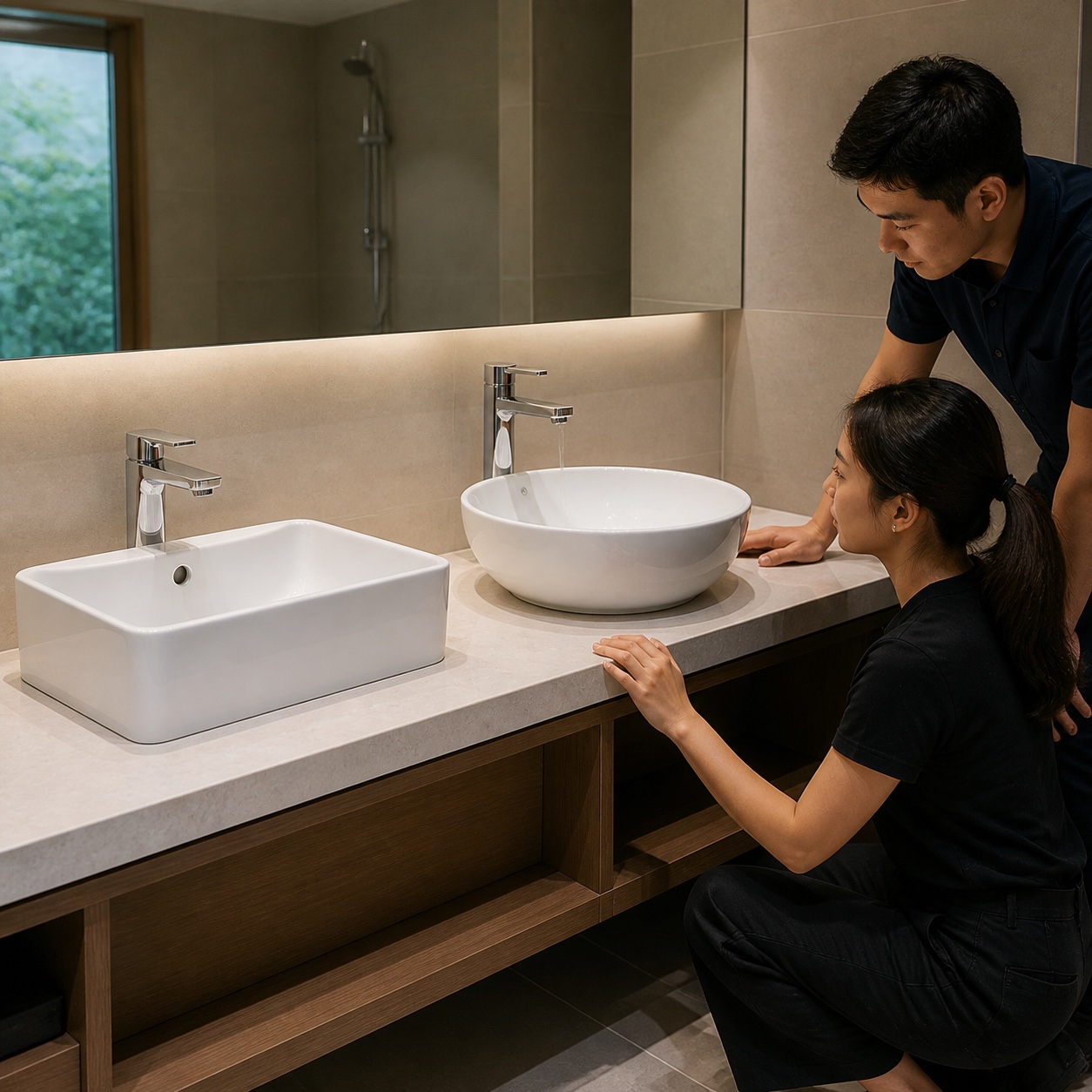 Designer checking finished countertop basin rim height on a full-scale vanity mock-up