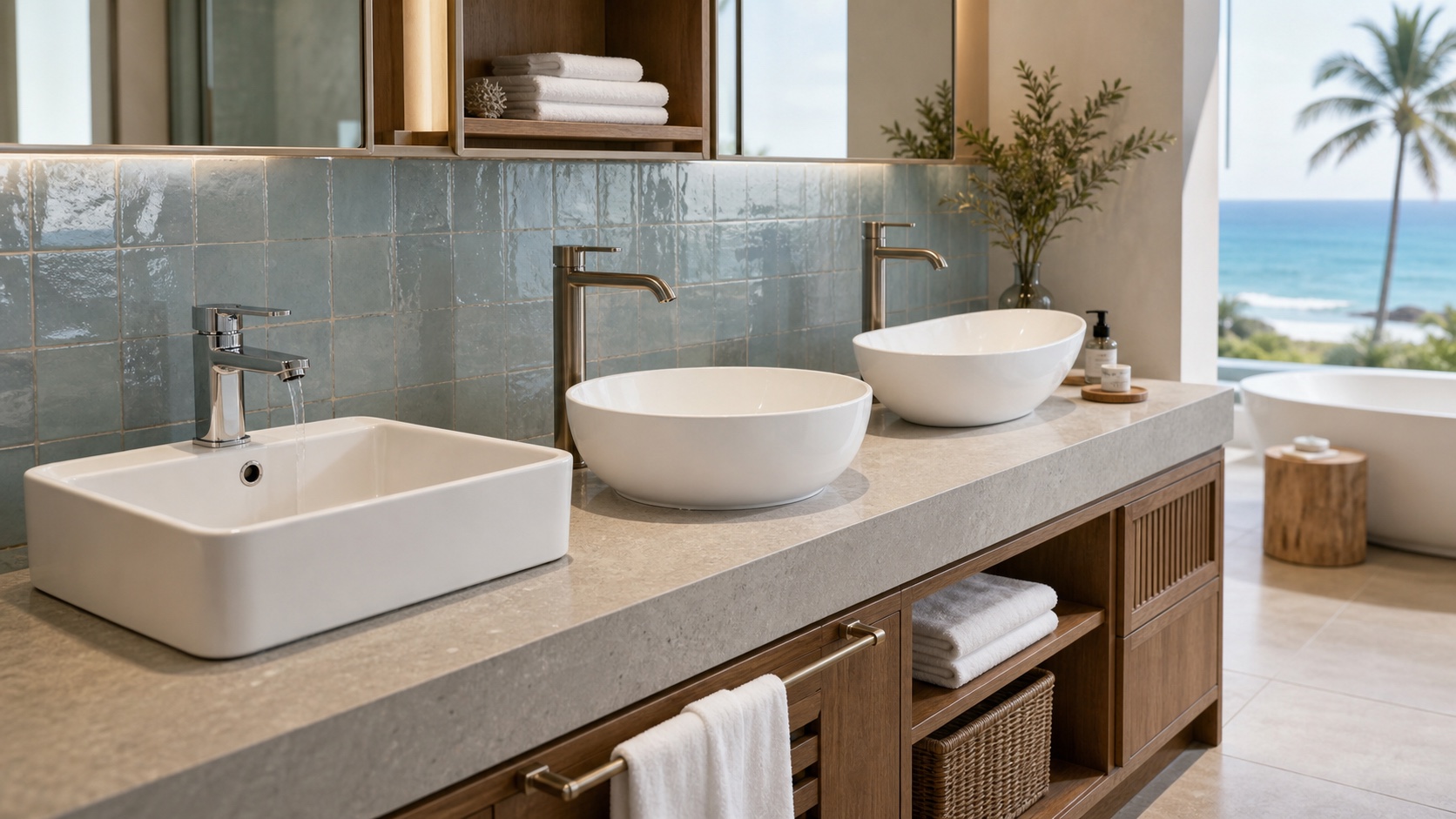 Countertop basin height and faucet combinations for hotel bathroom vanities