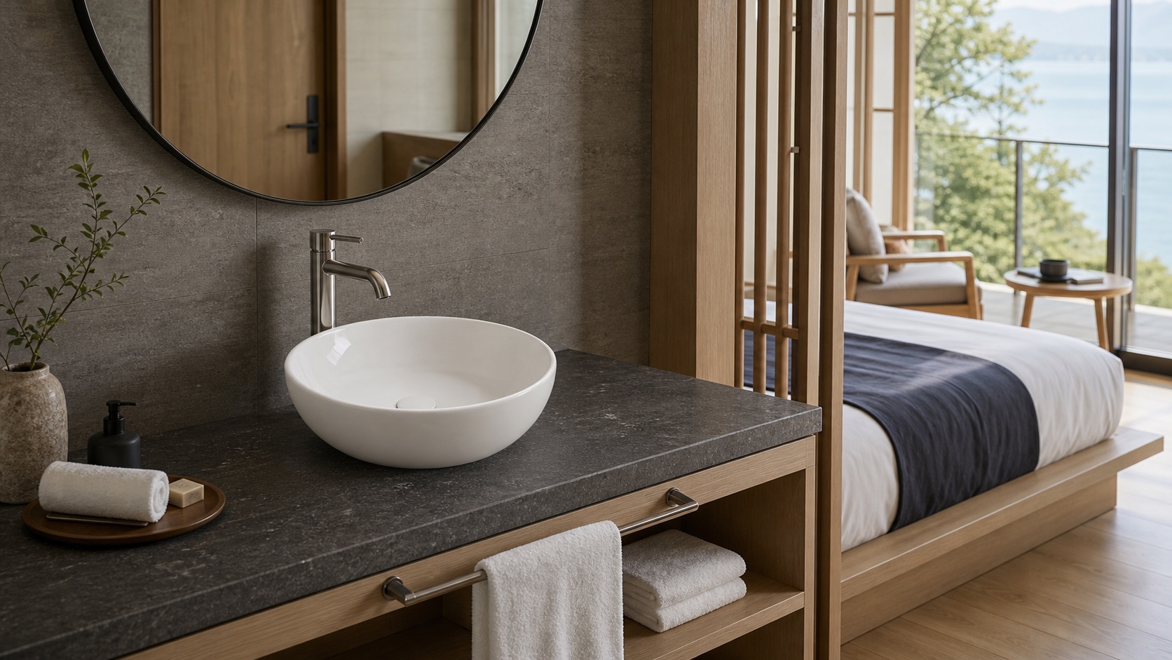 Round countertop basin with a tall worktop faucet in a hotel guestroom vanity