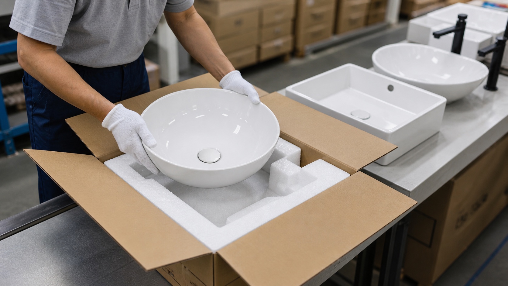 Countertop ceramic basins checked for dimensions faucet holes overflow glaze and export packing